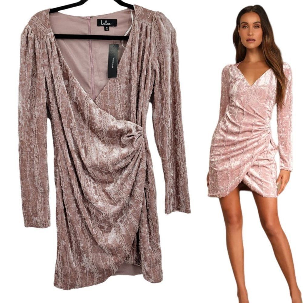 Lulu's Dress Bodycon Mock Wrap Velvour Embellished Tulip Hem Mini Pink Sz M